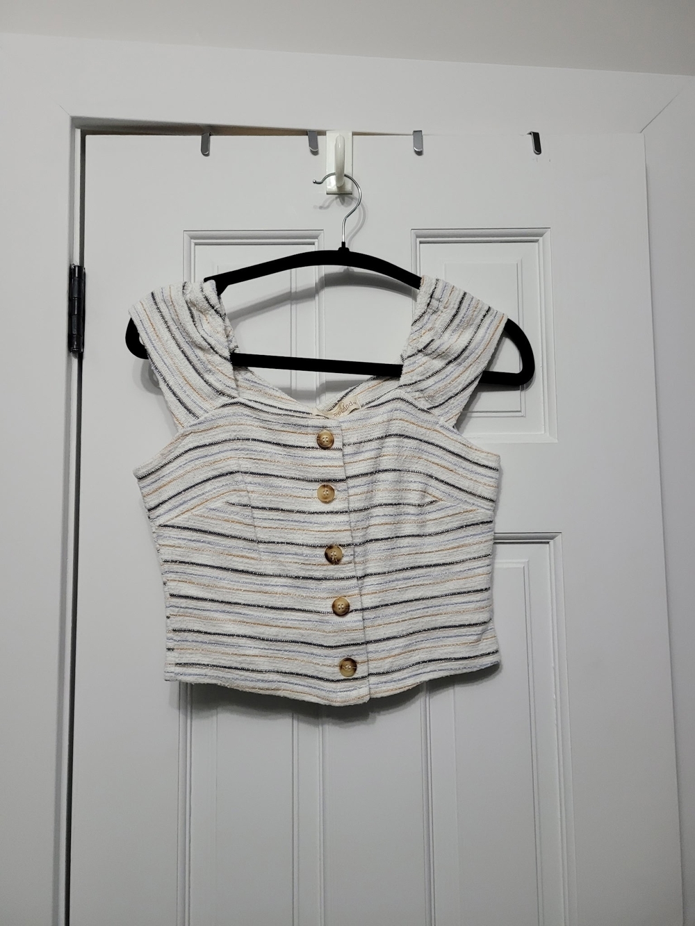 Rewind Cream Striped Button-Front Crop Top
